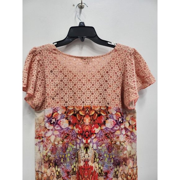 Live & Let Live Women BOHO Top Size Large Coral Floral Lace Yoke Flutter Sleeve - Picture 9 of 9